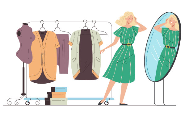 人们照镜子穿试衣服的概念。矢量图形设计说明图片下载