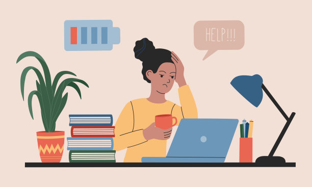 年轻的女人，精力不足，坐在桌子旁的笔记本电脑，工作过度，需要帮助和休息。图片下载