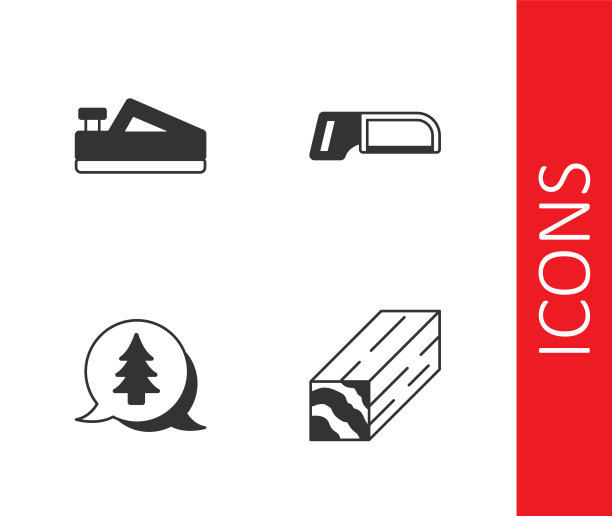 设置木梁，平面工具，树和钢锯图标。向量图片下载