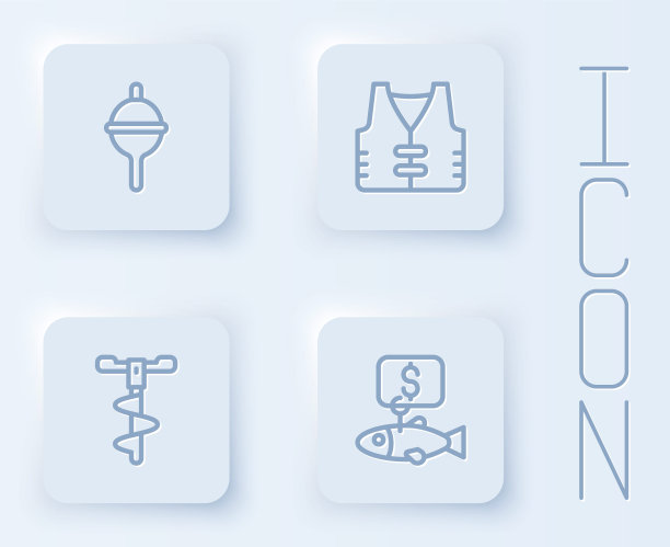 设置钓线钓鱼浮标，外套，手冰钻和鱼的价格标签。白色方形按钮。向量图片下载