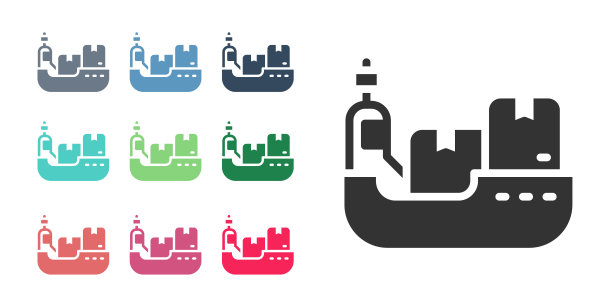 黑色货船与箱子送货服务图标隔离在白色背景上。交货,运输。装有包裹、箱子、货物的货轮。设置彩色图标。向量图片下载