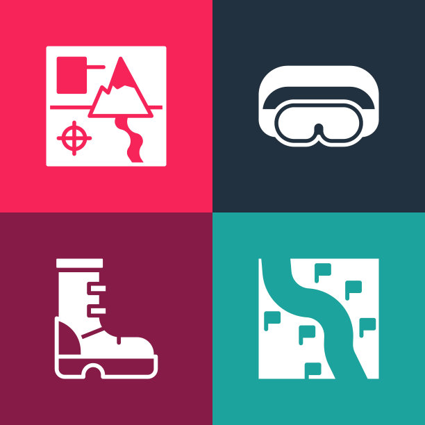 设置流行艺术路线位置，防水橡胶靴，滑雪镜和折叠地图图标。向量图片下载