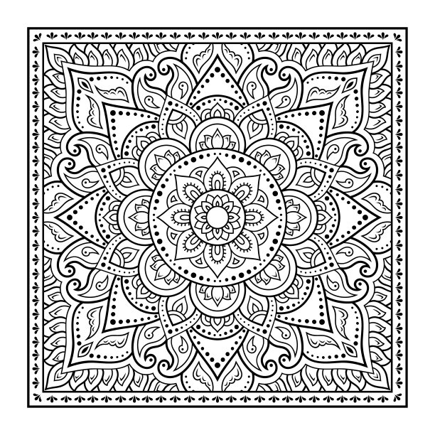 用于织物上印花的花和涡纹花纹。大手帕、丝质围巾、桌布或手帕的装饰品。部落或东方风格的方形素描。图片下载