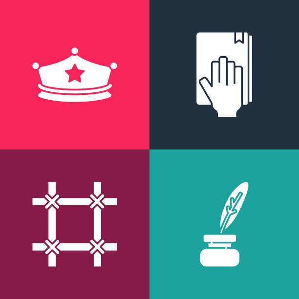 设置波普艺术羽毛和墨水瓶，监狱窗户，誓言圣经和警察帽与帽徽图标。向量图片下载