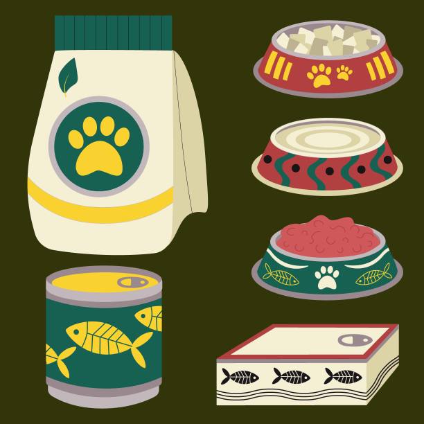 一套元素为动物，猫，狗，食物，饲料，罐头食品，鱼，一盘饲料。图片下载