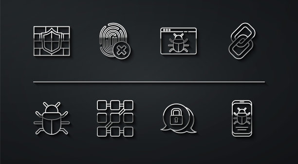 设置线盾砖墙，系统漏洞，链链，网络安全，图形密码保护，取消指纹，手机和图标。向量图片下载
