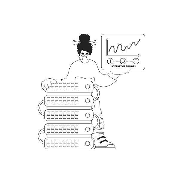 女孩，连接到一个云存储服务器，在物联网的矢量线性风格图片下载