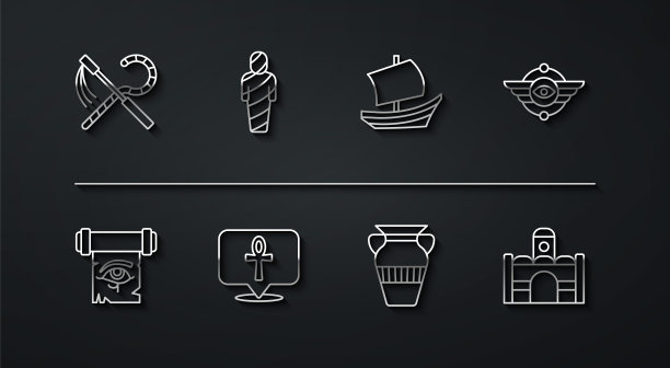 集线克鲁克和连枷，荷鲁斯的眼睛在纸莎草卷轴，埃及符号有翼的太阳，花瓶，十字十字，木乃伊，房子和船的图标。向量图片下载