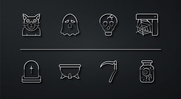 集线猫，墓碑与RIP写，蜘蛛网，镰刀，万圣节女巫大锅，鬼魂，眼睛在罐子和骷髅图标。向量图片下载