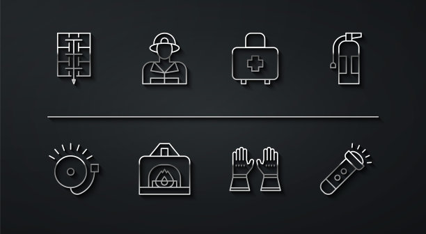 设置线疏散计划，响警铃，灭火器，消防手套，室内壁炉，手电筒和急救箱图标。向量图片下载