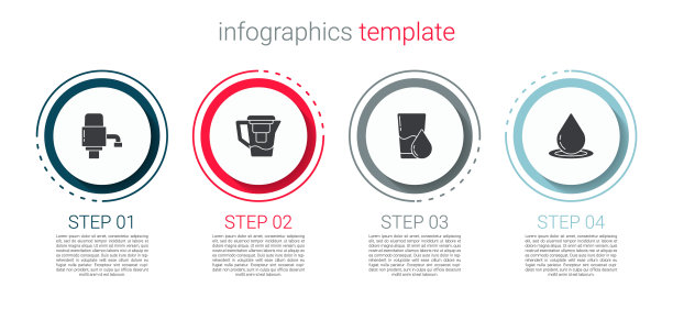 设置机械水泵，带过滤器的水壶，玻璃和水滴。业务信息图模板。向量图片下载