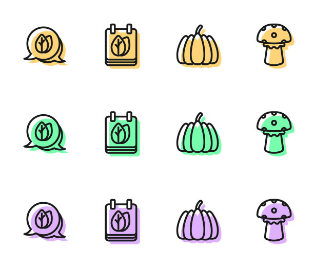 设置线南瓜，叶子，日历与秋天的叶子和蘑菇图标。向量图片下载