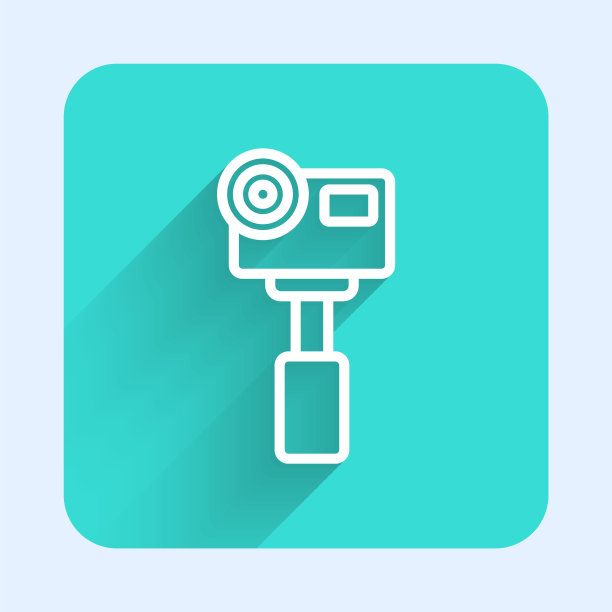 白线动作极端相机图标隔离与长阴影背景。拍摄极限运动的摄像机设备。绿色方形按钮。向量图片下载