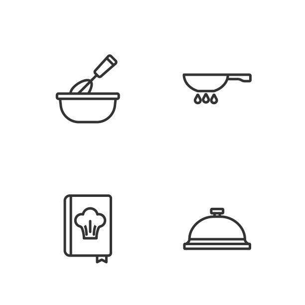 设置线覆盖托盘的食物，食谱，烹饪搅拌碗和煎锅上的火图标。向量图片下载