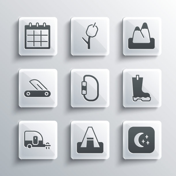 集旅游帐篷，月亮和星星，防水胶靴，钩环，房车露营拖车，瑞士军刀，日历和山脉图标。向量图片下载