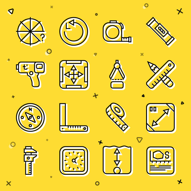 设置线面积测量，对角线测量，交叉尺和铅笔，轮盘结构，数字温度计，圆件和绘图指南针图标。向量图片下载