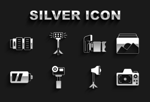 设置动作极限相机，相框，工作室灯泡软盒，电池，相机照片镜头和图标。向量图片下载