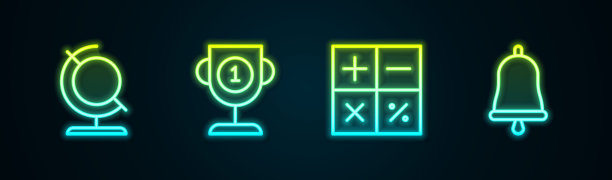 设置线地球仪，奖杯，计算器和铃声。发光的霓虹灯图标。向量图片下载