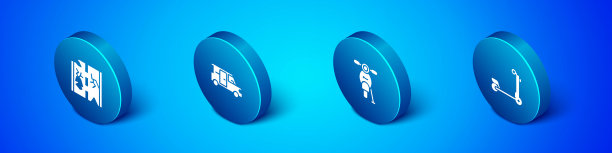 设置等距破碎道路，踏板车和小巴图标。向量图片下载