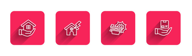 设置线房子在手，闪电，车祸和快递保险与长影子。红色方块按钮。向量图片下载