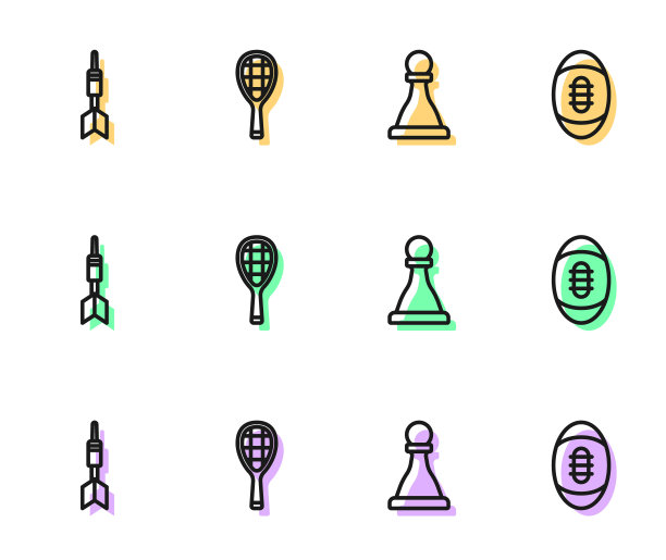 设置线国际象棋，飞镖箭，网球拍和美式足球图标。向量图片下载