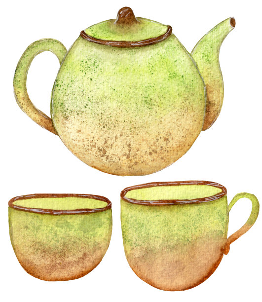 水彩明亮的集合，茶壶和茶杯在绿色和棕色梯度。元素被隔离在白色背景上。图片下载