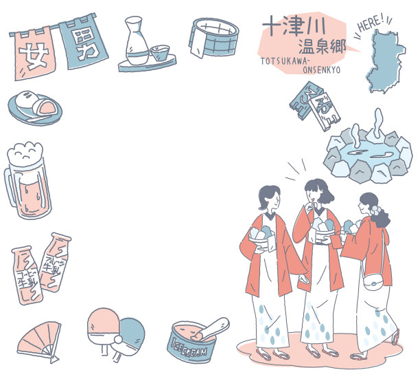 日本奈良土川温泉村的一套温泉图标和女性朋友穿着浴衣(线条画(按色))图片下载