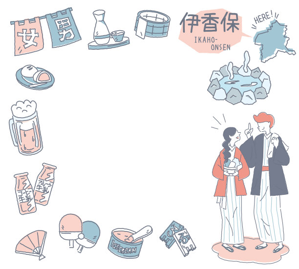 日本群马县的伊荷温泉和一组温泉图标和一对穿着浴衣的夫妇(线条画(颜色))图片下载