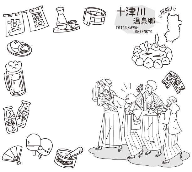 日本奈良的土川温泉村和一套温泉图标以及穿着浴衣的外国游客(线条画黑白)图片下载