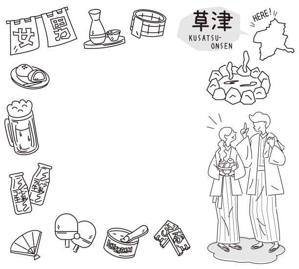 日本群马县草津温泉和一套温泉图标和穿着浴衣的情侣(黑白线条画)图片下载
