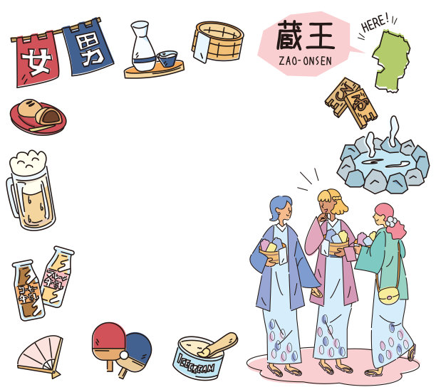 日本山形的造温泉和一套温泉图标以及穿着浴衣的女性朋友(线条画)图片下载