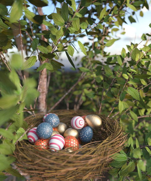 彩色的复活节彩蛋在巢3d渲染图片下载