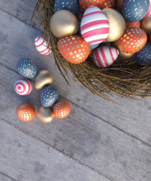 彩色的复活节彩蛋在巢3d渲染图片下载