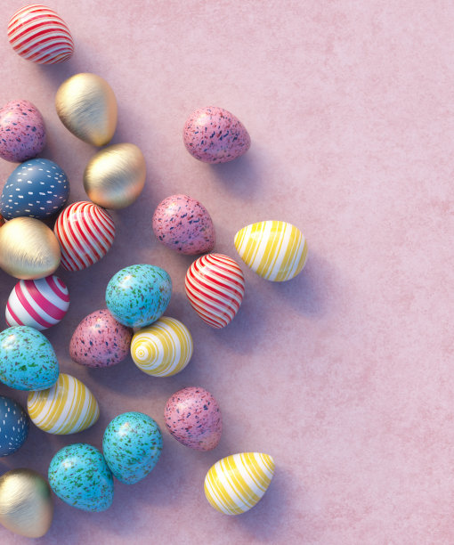 收集复活节彩蛋在一个粉红色的表面3d渲染图片下载