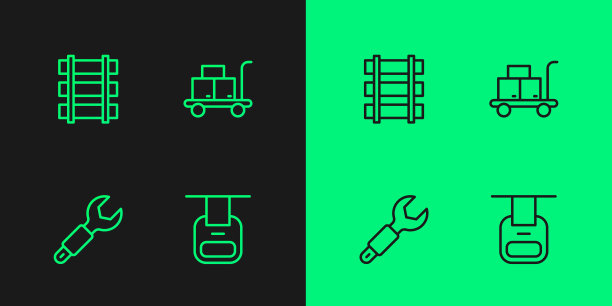 设置线缆车，扳手扳手，铁路，铁路轨道和手推车行李箱图标。向量图片下载