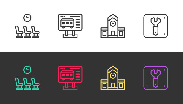 设置排队候车室，售票处购票，火车站和修理铁路在黑白。向量图片下载