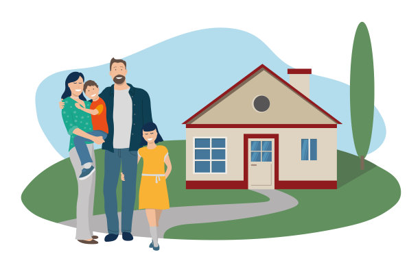 平面设计矢量插图显示一个幸福的家庭在他们的房子在他们的花园前面图片下载