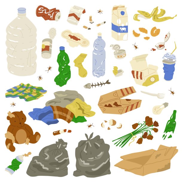一套项目为垃圾回收和分类的概念。损坏的东西，破碎的瓶子，腐烂的食物。包装，金属，塑料，玻璃。矢量插图。孤立的对象。图片下载