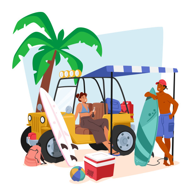 一对情侣驾车旅行，背景是海滩。冒险，自由和浪漫的公路旅行概念图片下载