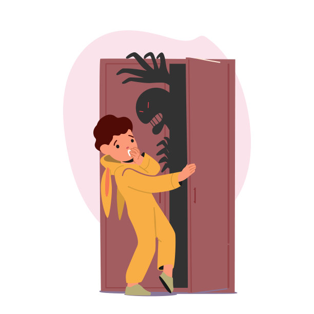 孩子们害怕壁橱里藏着怪物。概念童年恐惧，恐怖，或焦虑主题与小男孩的角色图片下载