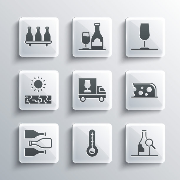 设置气象温度计，瓶酒，奶酪，葡萄酒卡车，瓶子，干旱，和玻璃图标。向量图片下载