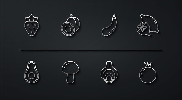 设置线草莓，鳄梨水果，柠檬，洋葱，蘑菇，李子，番茄和茄子图标。向量图片下载