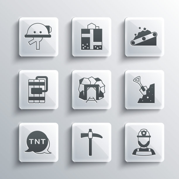 设置鹤嘴锄，矿工在头盔，铲子和石头，入口，炸药，传送带携带煤炭图标。向量图片下载