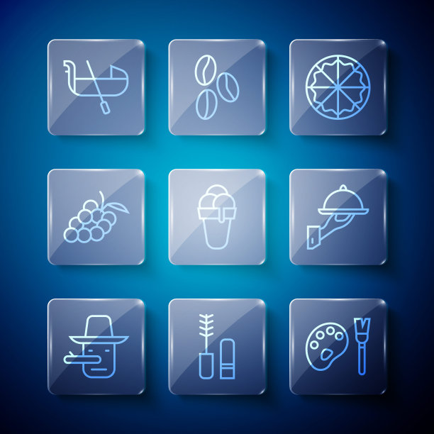 集线匹诺曹，睫毛膏刷，油漆与调色板，披萨，冰淇淋，葡萄水果，贡多拉和覆盖托盘的食物图标。向量图片下载