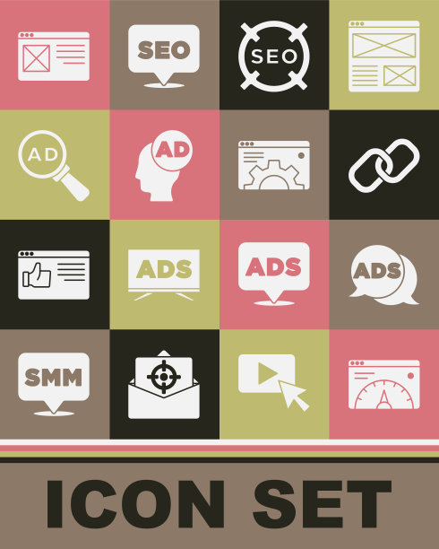 设置网站统计，广告，链链接，SEO优化，浏览器窗口和设置图标。向量图片下载