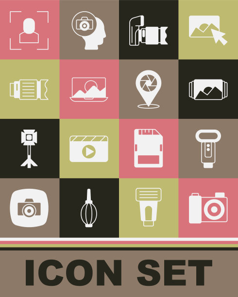 设置照片相机，闪光灯，框架，修饰，相机照片镜头，对焦线和快门图标。向量图片下载