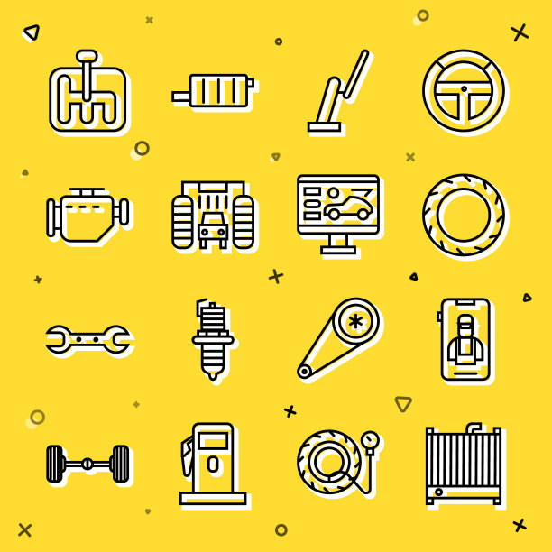 设置线汽车散热器冷却系统，在线汽车服务，轮胎车轮，挡风玻璃雨刷，清洗，检查发动机，换挡和诊断状态的图标。向量图片下载