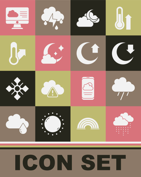 设置云与雨，月亮，月亮，气象温度计，天气预报和图标。向量图片下载