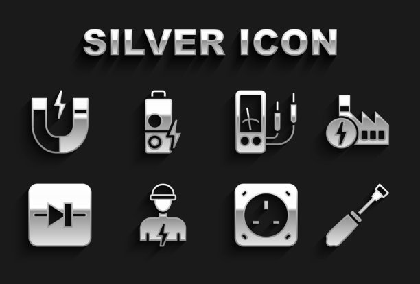 设置电工，核电站，螺丝刀，电源插座，电子线路二极管，安培表，万用表，磁铁和电池充电图标。向量图片下载