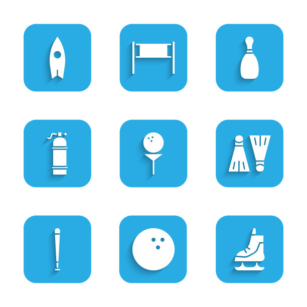 设定高尔夫球在tee，保龄球，冰鞋，橡胶脚蹼游泳，棒球棒，水球，大头针和冲浪板图标。向量图片下载